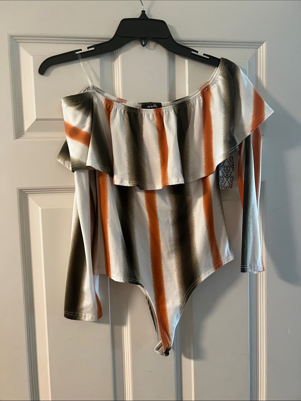 Off-Shoulder Striped Bodysuit in Rust, Olive & Cream by Unknown